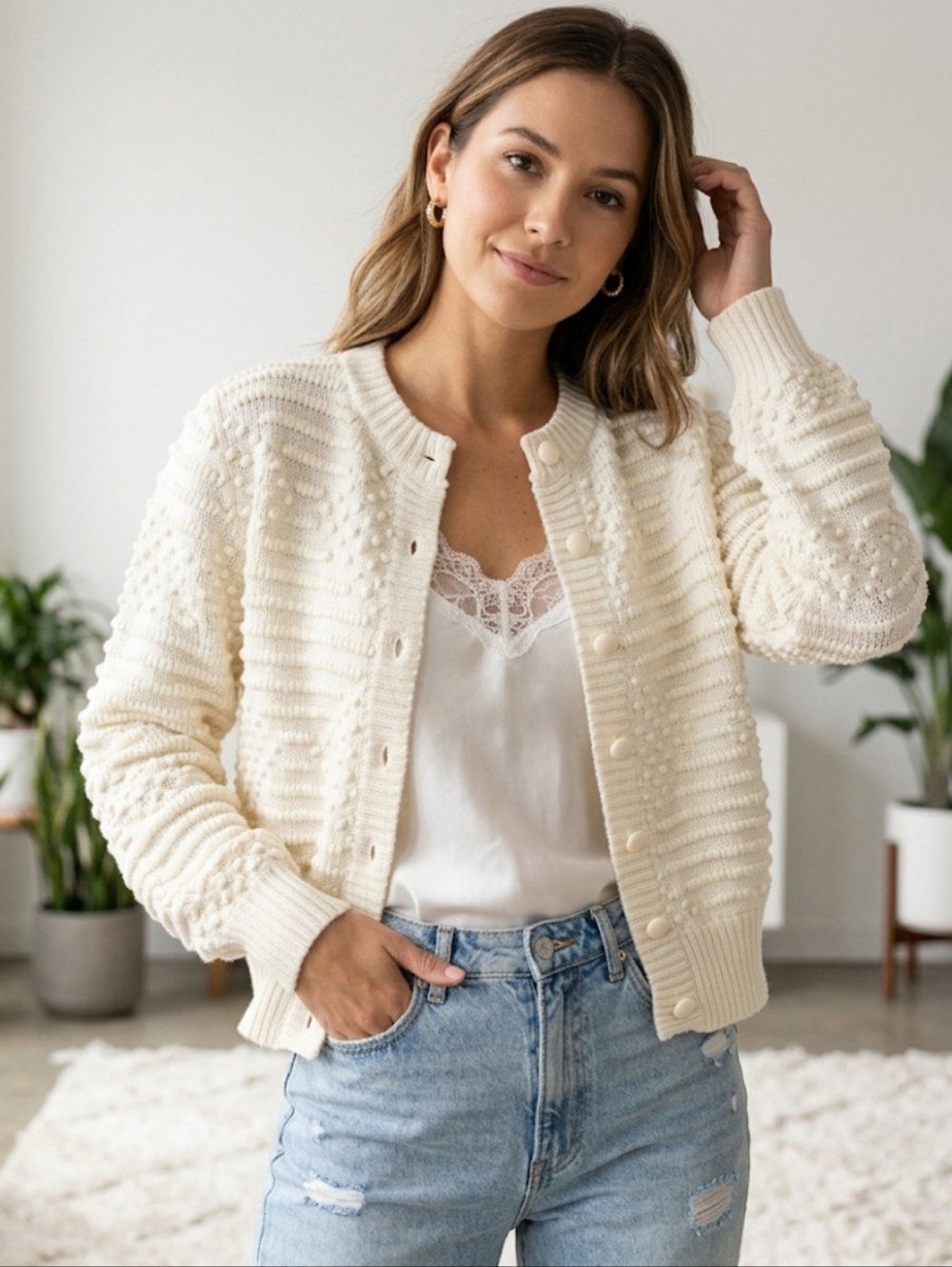 øam øam KNIT Cream Textured Popcorn Bobble Cardigan Sweater Ivory M/L Coquette